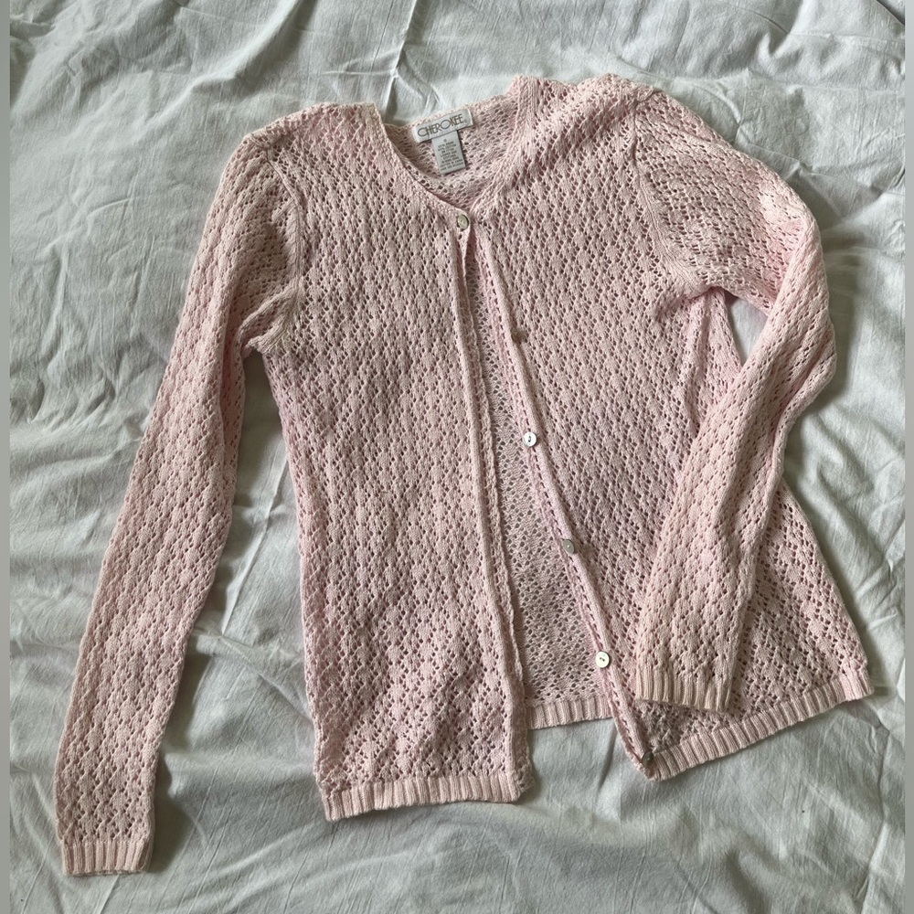 Vintage Cotton Pointelle Crochet Cardigan | Pink | Small